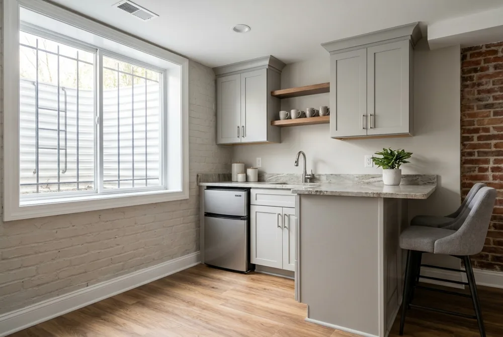 A finished basement apartment kitchenette in a Baltimore rowhome with compact cabinets, a small fridge, and an egress window letting in daylight