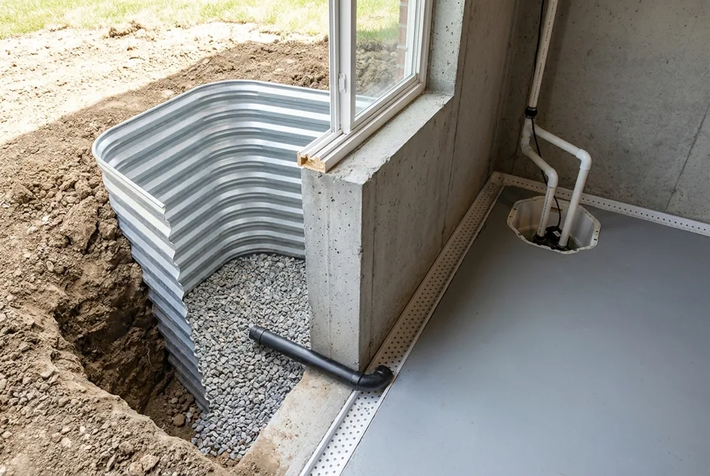 An egress window with a corrugated metal window well, gravel drainage, interior French drain channel, and a sump pump against a basement foundation wall
