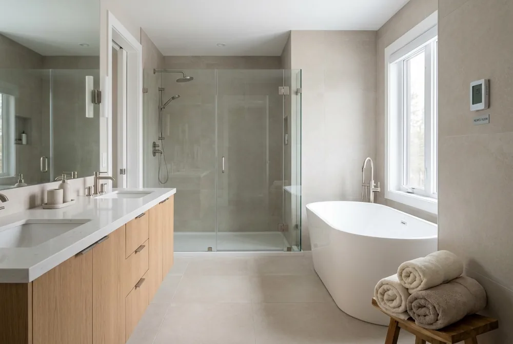 A primary-suite bathroom with a freestanding soaking tub, separate frameless glass walk-in shower, and double vanity