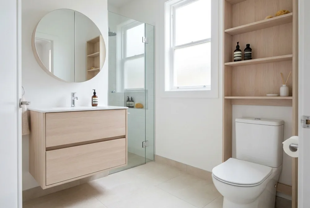 A small Baltimore bathroom with a wall-mounted floating vanity, recessed shower niche, and over-toilet shelving