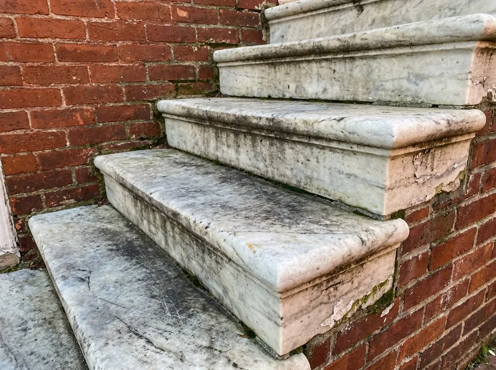 Detail of weathered white marble front steps on a Baltimore rowhouse, the polished treads showing gentle age against old red brick
