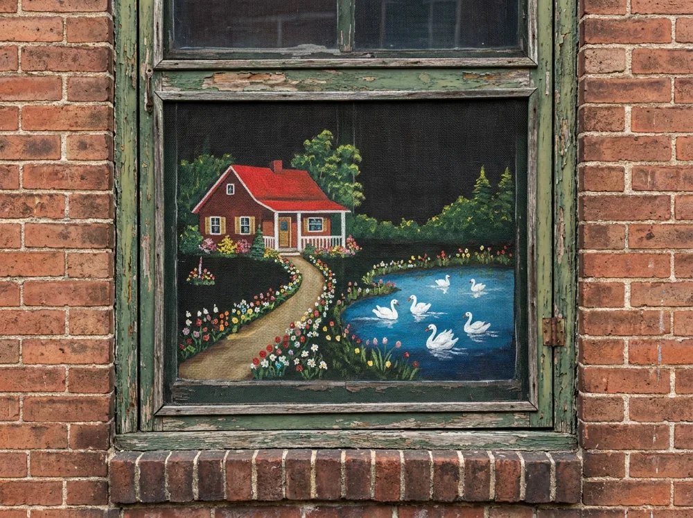 A Baltimore folk-art painted window screen showing the iconic red-roofed bungalow beside a pond with white swans, mounted in an old rowhouse window frame