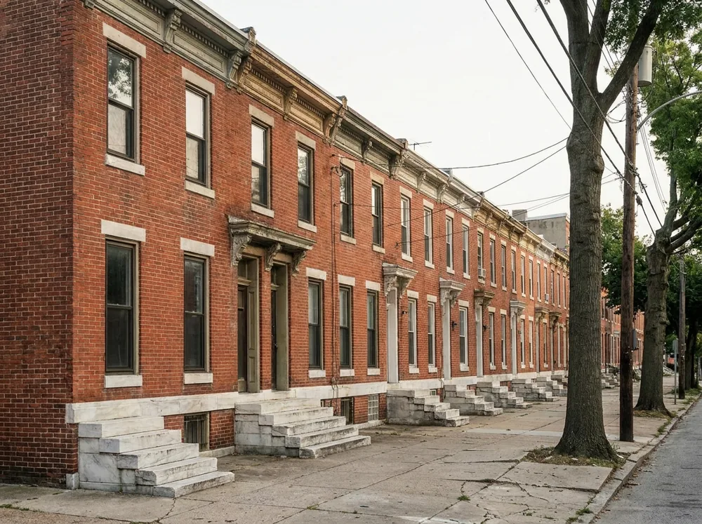 A classic East Baltimore rowhome block, a long unbroken row of two-story brick rowhouses with flat roofs, ornate cornices, and white marble steps