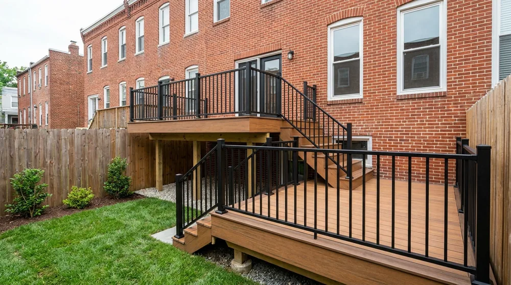 A newly built composite deck with stairs attached to the rear of a Baltimore brick rowhome, with black aluminum railing