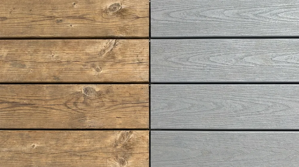 Side-by-side comparison of natural pressure-treated wood deck boards and gray composite decking boards