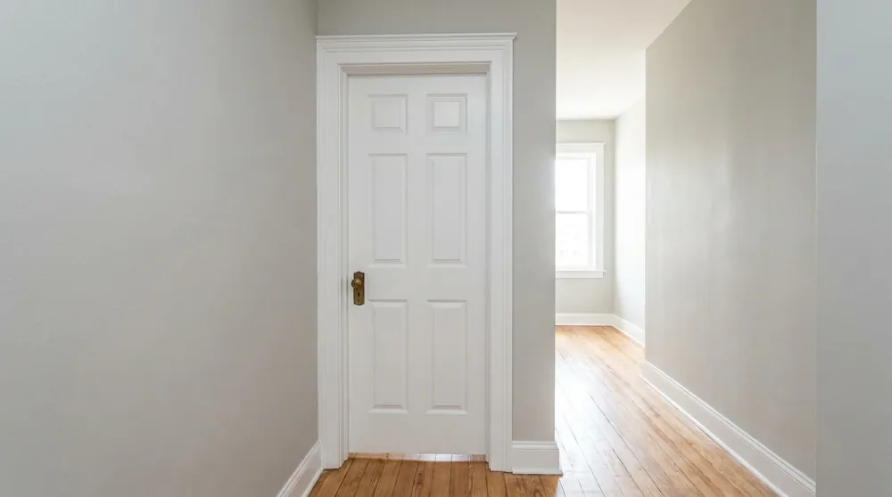 A freshly installed white six-panel interior door in a renovated Baltimore rowhome hallway with plaster walls and hardwood floors