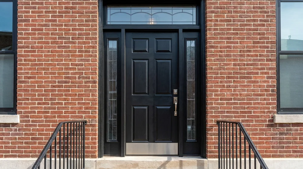A black entry door flanked by two glass sidelights and a transom on a Baltimore brick rowhome facade