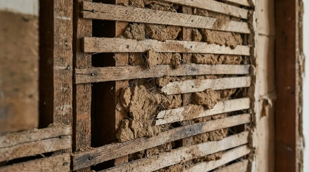 Exposed lath-and-plaster wall in an old Baltimore rowhouse showing horizontal wood lath strips behind crumbling plaster keys