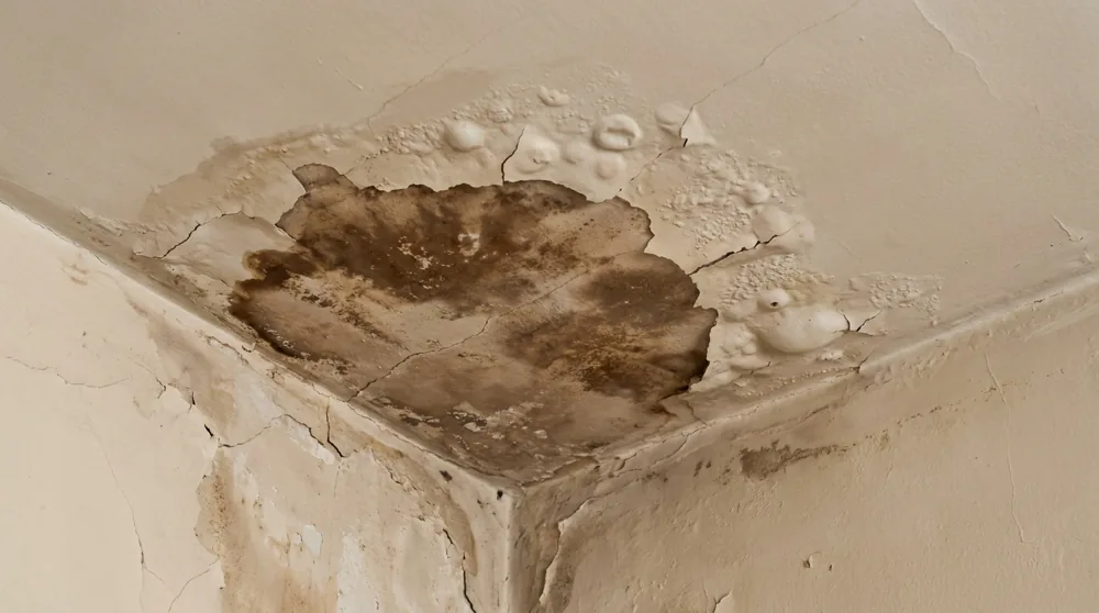 Brown water stain and bubbling paint on a plaster ceiling in an older Baltimore home, evidence of a roof or pipe leak
