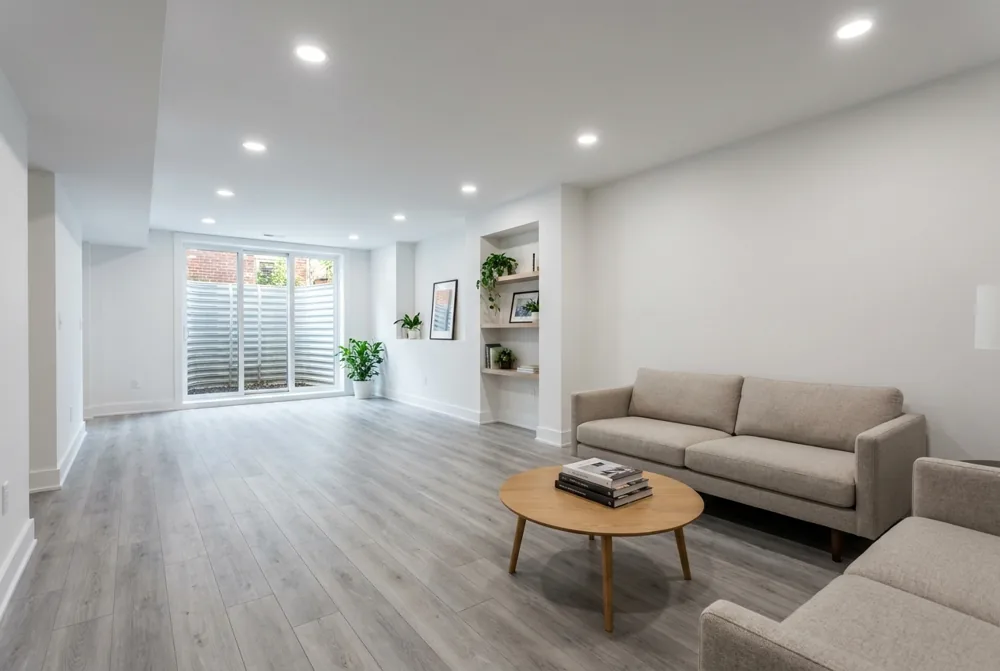 Finished Baltimore basement with light gray waterproof luxury vinyl plank flooring, clean drywall walls, and recessed lighting