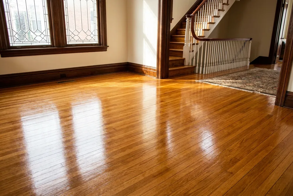 Refinished solid oak hardwood flooring with a warm honey tone reflecting window light in a traditional Baltimore home