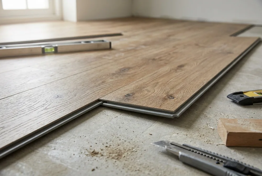 Waterproof luxury vinyl plank planks being clicked together over a leveled subfloor, showing wood-grain texture and click-lock edge
