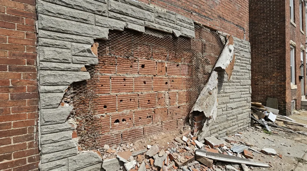 A section of Baltimore rowhome wall mid-removal, grey formstone partially stripped to expose rusted wire lath and pock-marked original brick