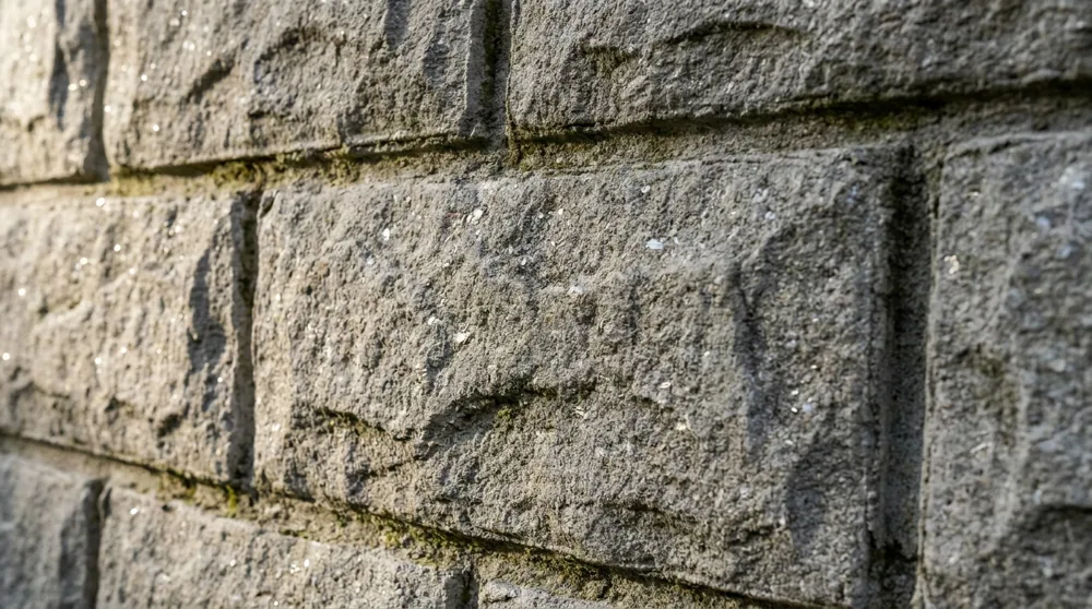 Extreme close-up of grey formstone texture, cement hand-tooled and scored to imitate irregular cut-stone blocks with deep mortar joints