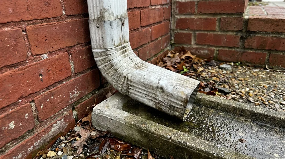 Close-up of a downspout elbow directing water away from the brick foundation of a Baltimore home