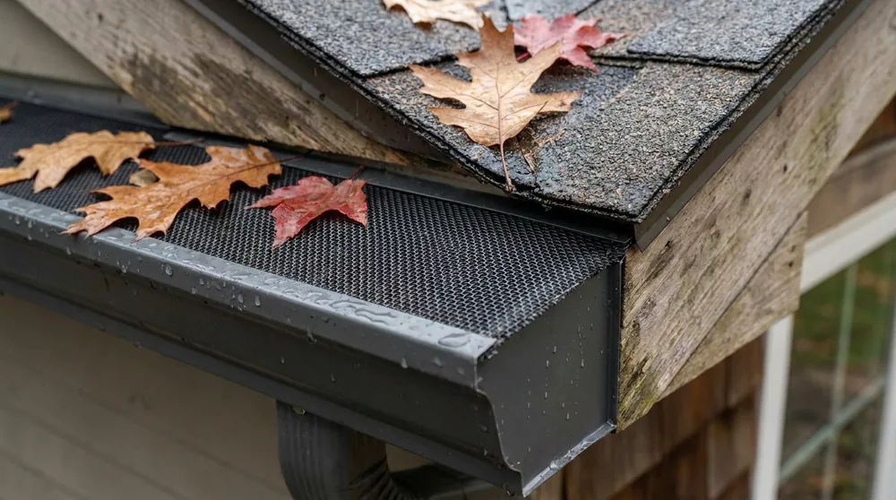 Black micro-mesh gutter guards installed over aluminum gutters along a residential roofline
