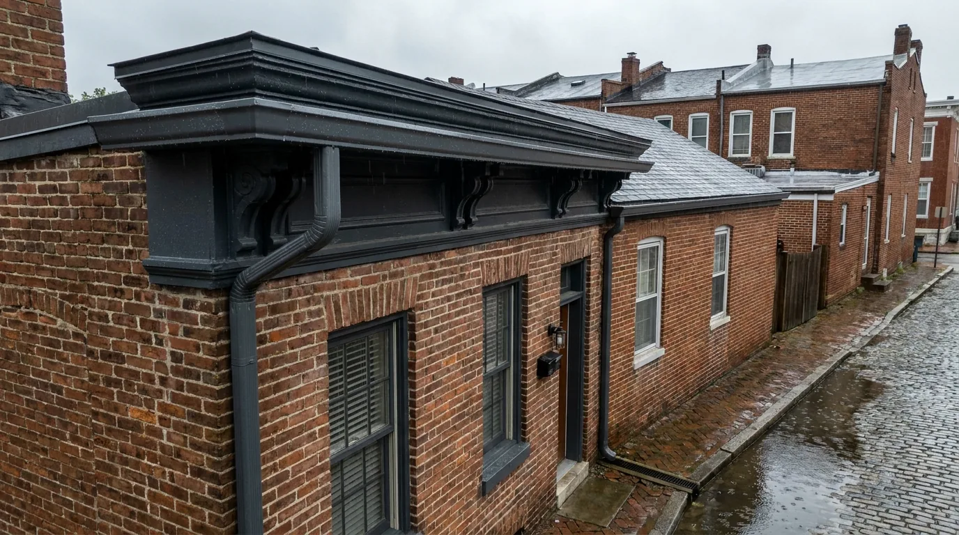 New seamless aluminum gutters and a downspout running along the cornice of a Baltimore brick rowhome