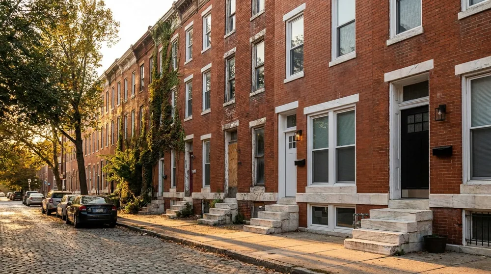 A block of Baltimore investor-target brick rowhomes, some renovated and some distressed, at golden hour