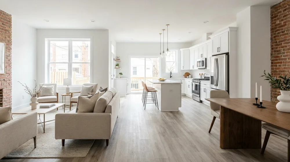 Finished, newly rehabbed Baltimore rowhome interior with open-concept main floor, luxury vinyl plank flooring, and a new kitchen