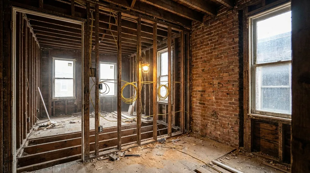 Interior of a Baltimore rowhome gutted down to the studs and floor joists during a full rehab
