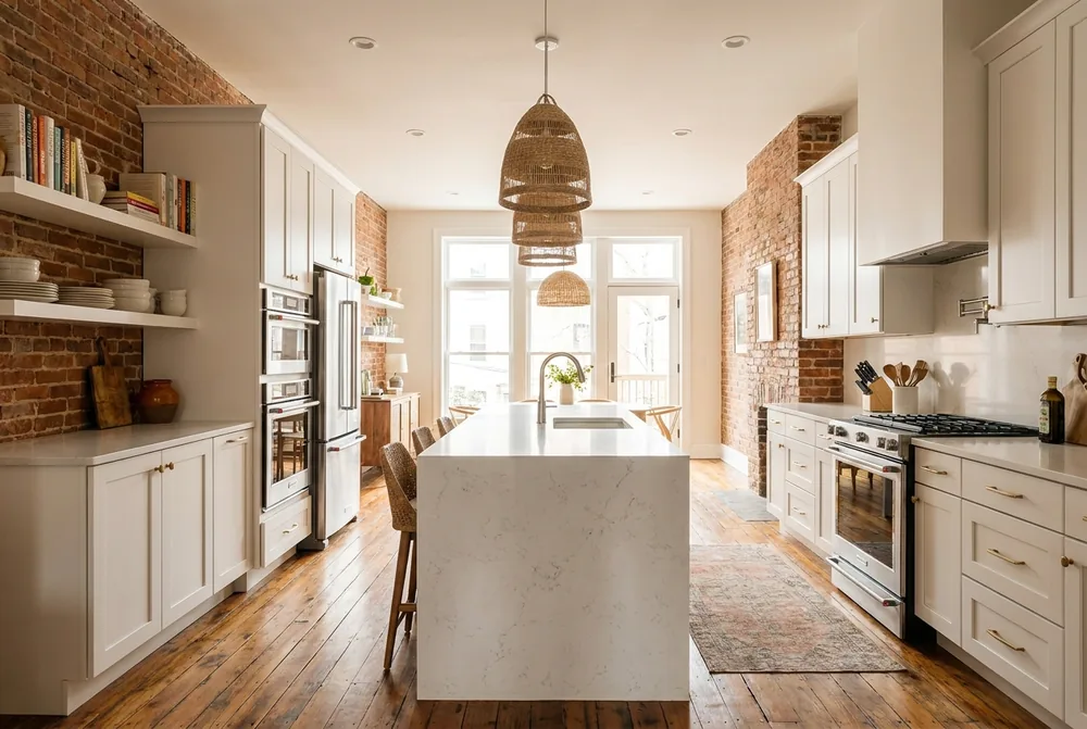 Mid-level Baltimore kitchen remodel with white cabinets, a quartz-topped island and pendant lighting