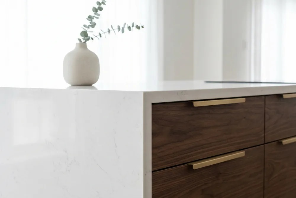 Premium kitchen detail with a quartz waterfall countertop, custom cabinetry and brushed gold hardware