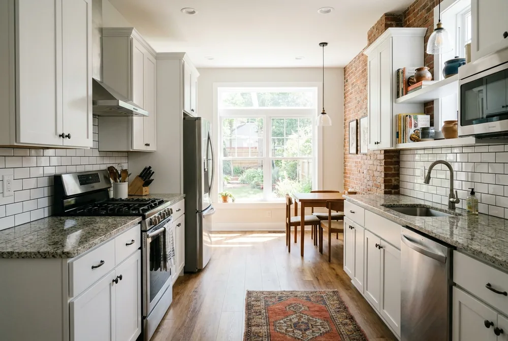 Renovated Baltimore rowhouse kitchen with white shaker cabinets, granite countertops, subway tile backsplash and exposed brick