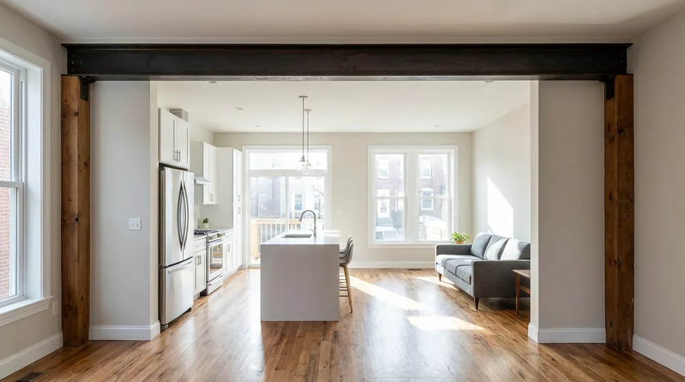 A flush structural beam spanning an open ceiling where a wall was removed in a Baltimore rowhome