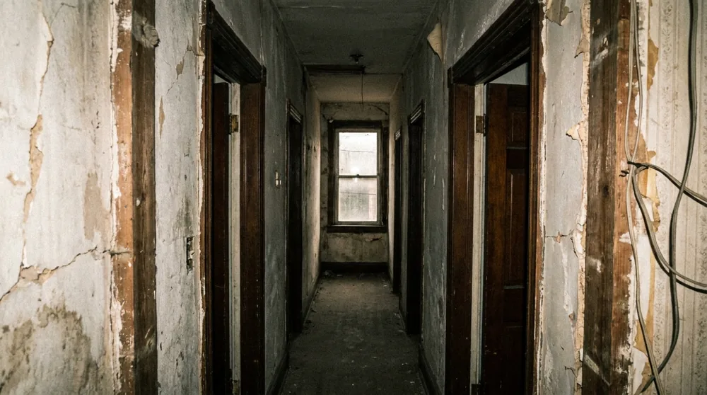 A narrow, enclosed Baltimore rowhome hallway before renovation, showing the boxed-in feel of the original layout