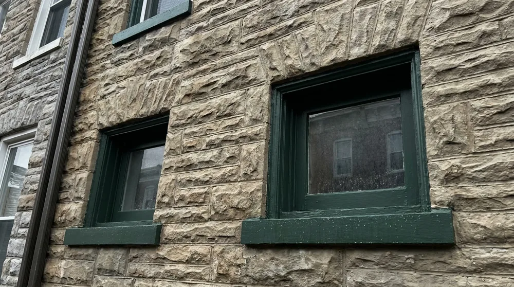 Baltimore formstone rowhouse facade with freshly painted wood trim around the windows, faux-stone cladding texture