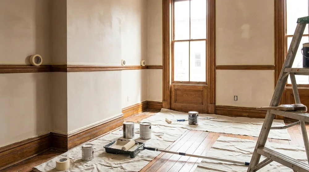 Interior of a Baltimore rowhome being painted, smooth plaster walls and painted wood trim, drop cloths over hardwood floor, roller and brush