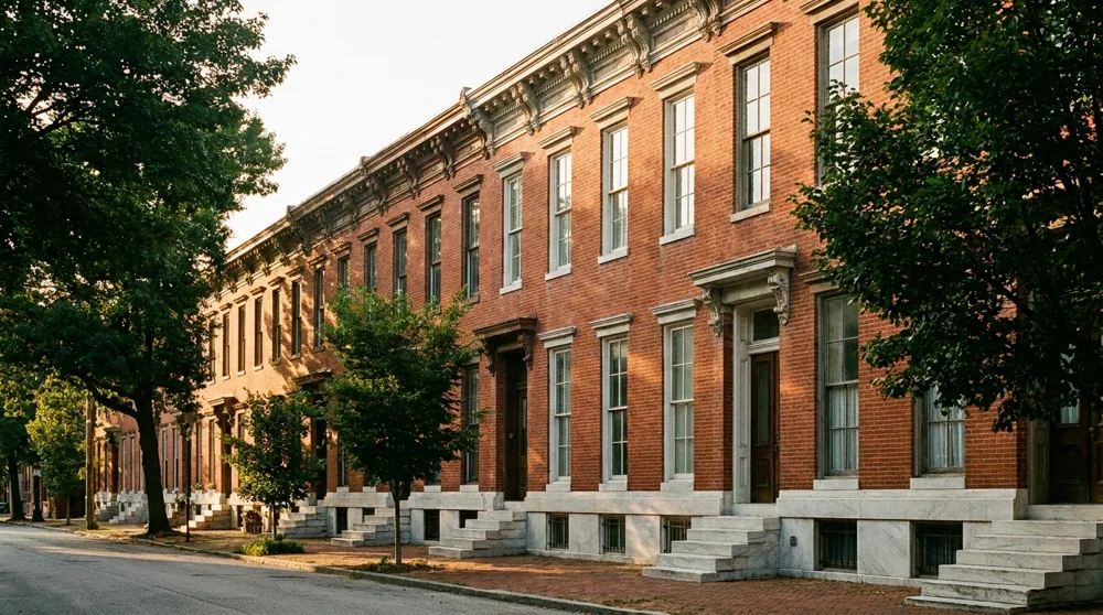 A block of historic Baltimore rowhouses with uniform brick facades, cornices, and tall double-hung windows