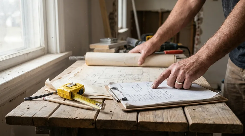 A contractor's hands reviewing rolled blueprints and a clipboard at a renovation jobsite