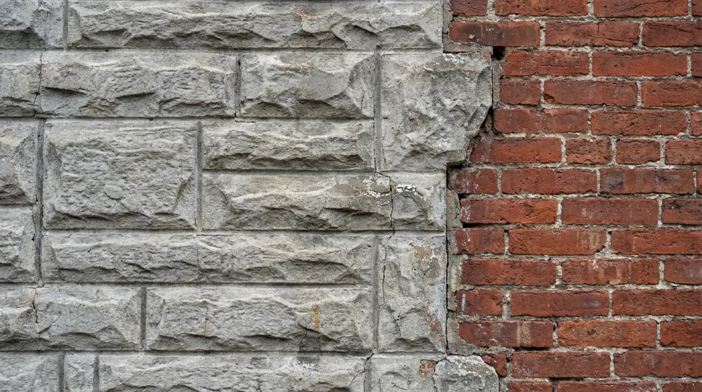 A close-up detail of a grey formstone rowhome facade scored to imitate cut stone, next to exposed red brick
