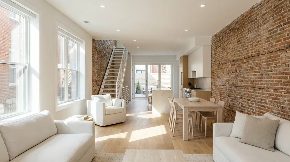 A renovated open-concept Baltimore rowhome main floor with light flooding from front to back, exposed brick party wall, and new flooring