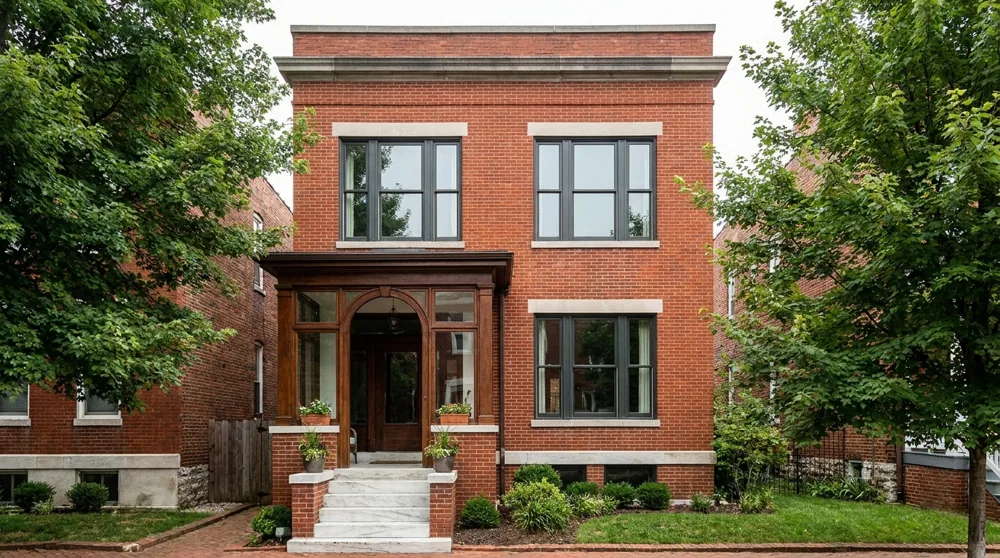 Facade of a wide Baltimore daylight rowhouse with red brick, large windows on each floor, an enclosed front porch, flat roof, and white marble steps
