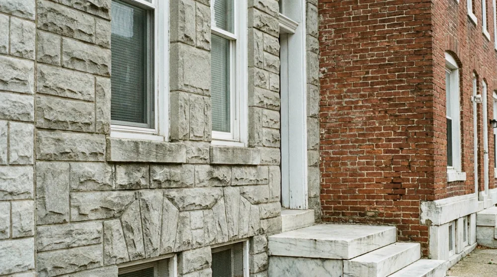 Close-up of a grey formstone-clad Baltimore rowhouse facade scored to imitate cut stone, beside an adjacent exposed red brick rowhouse