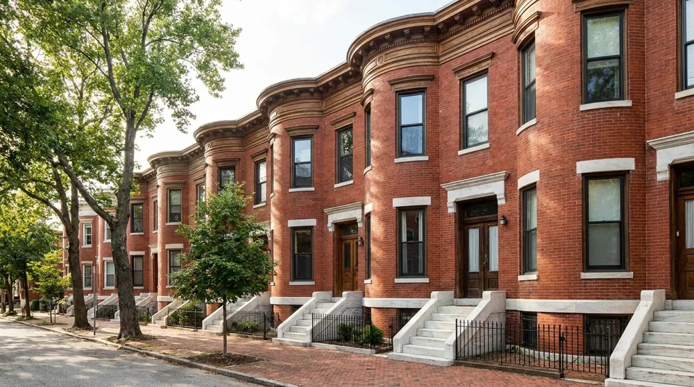 A row of Baltimore swell-front rowhouses with rounded, curved brick bay facades, second-story bay windows, decorative cornices, and marble steps