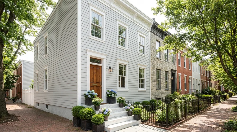 A freshly re-sided Baltimore rowhome with clean light-grey fiber-cement lap siding, crisp white trim around the windows, and marble front steps