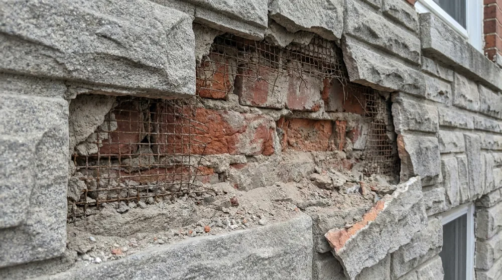 Detail of grey formstone faux-stone cladding partially removed from a Baltimore rowhome, exposing the original red brick and wire lath underneath