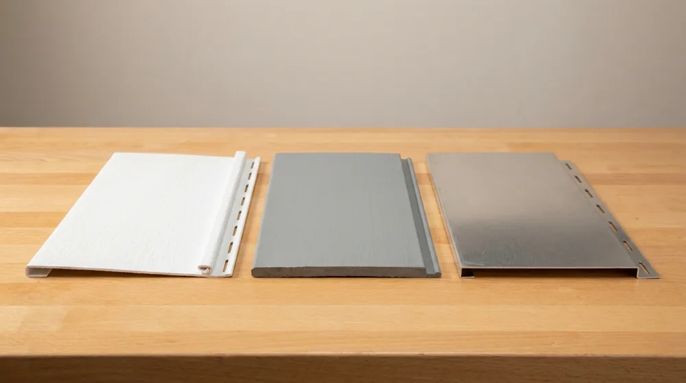 Three siding samples side by side on a workbench: white vinyl lap siding, grey fiber-cement Hardie plank, and aluminum siding
