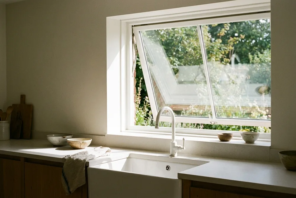 White casement window cranked open above a bright Baltimore kitchen sink