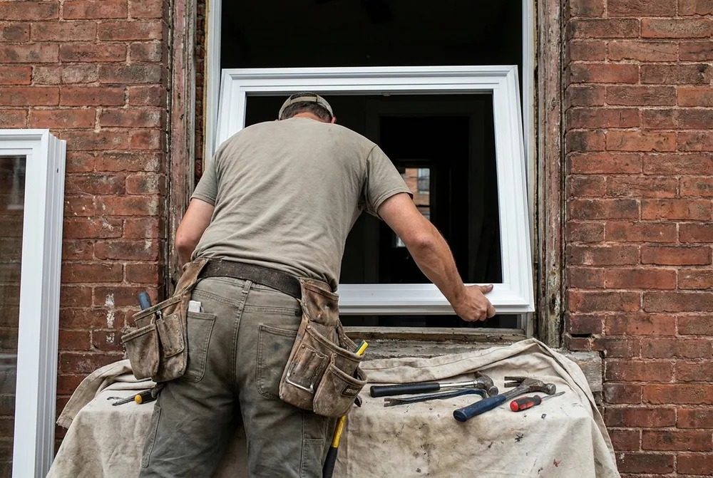 Professional installer fitting a new vinyl window into a Baltimore rowhouse opening