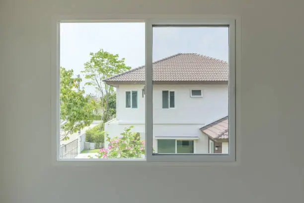 Glass window frame house interior on white wall